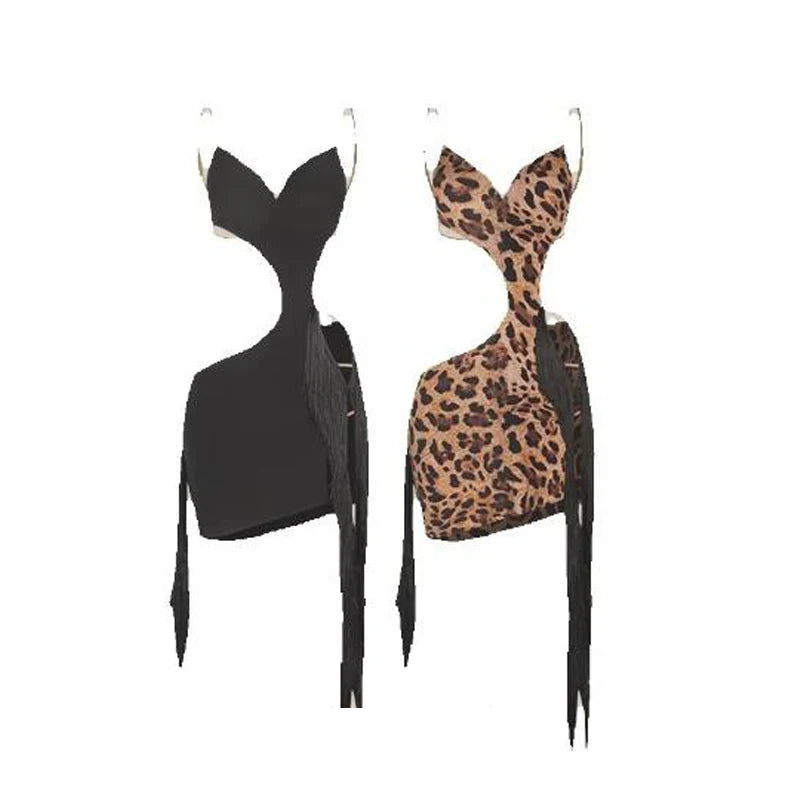 Women's Brown Leopard Print Cutout Fringe Latin Dance Dress