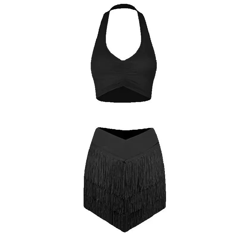 Women's Halter Neck Ruched Crop Top & Layered Fringe Latin Dance Skirt Set