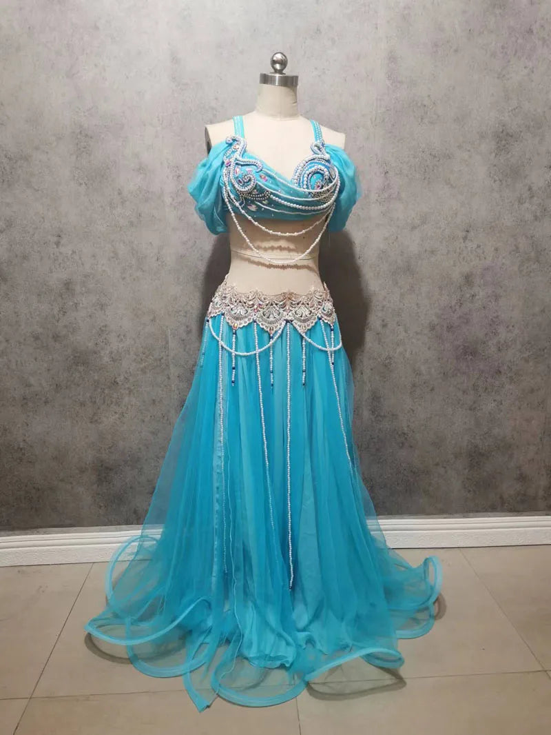 Belly Dance Costume Women's Lavender Chiffon Off-Shoulder Top with Embellished Bra & Long Skirt Set for Performance