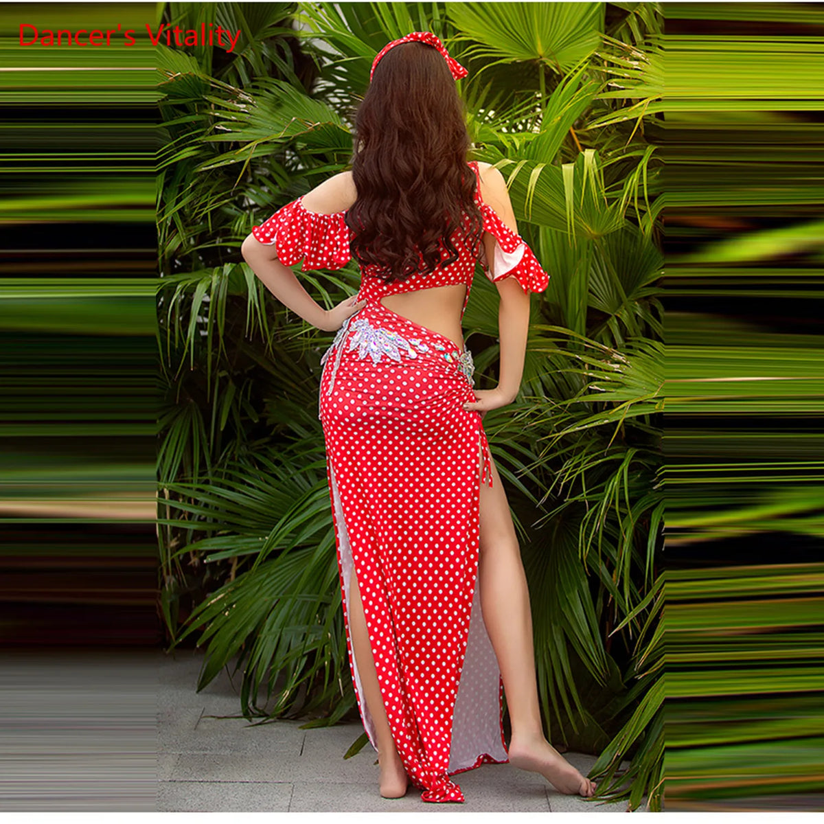 Women's Red Polka Dot Sequin Belly Dance Costume Set with Slit Skirt