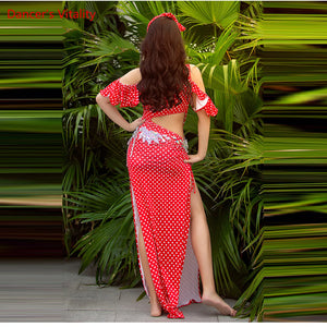 Women's Red Polka Dot Sequin Belly Dance Costume Set with Slit Skirt