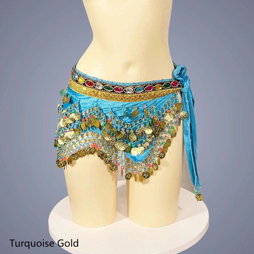 Belly Dance Hip Scarf, Women's Blue Gold Coin & Jewel Embellished Chiffon Waist Wrap, Tribal Fusion Bellydance