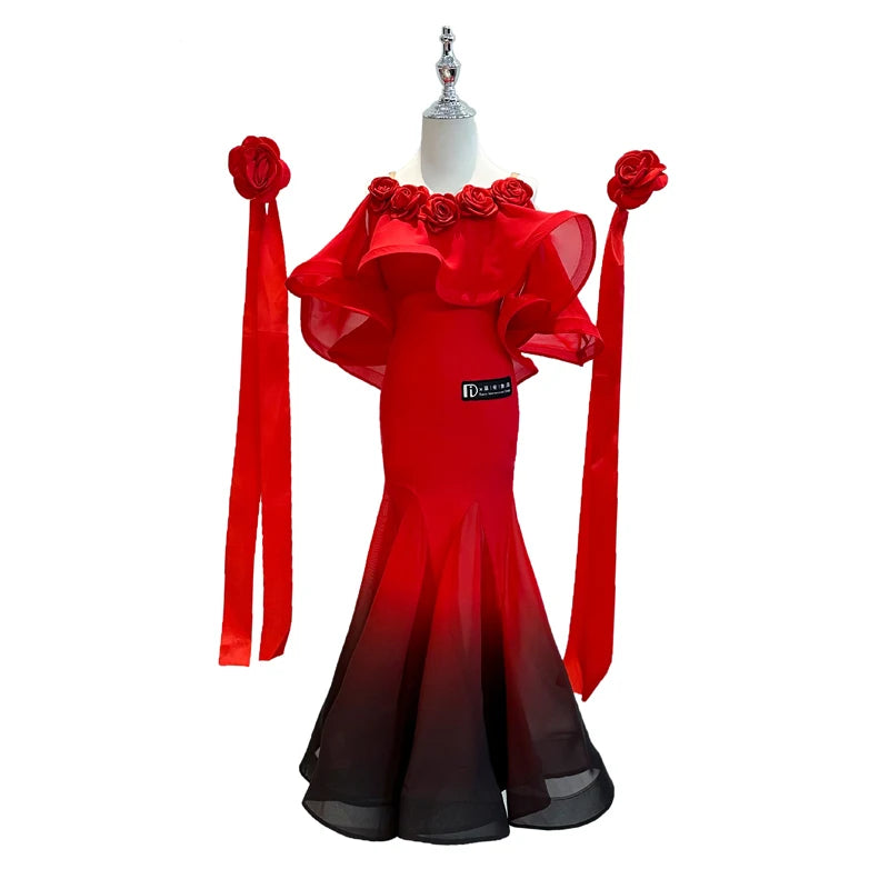 Ballroom Dance Dress Girls Red Ombre Black Ruffle Rose Off-Shoulder Long Sleeve; Ballroom Dance Dress Girls Pink Ombre White Ruffle Bow Off-Shoulder