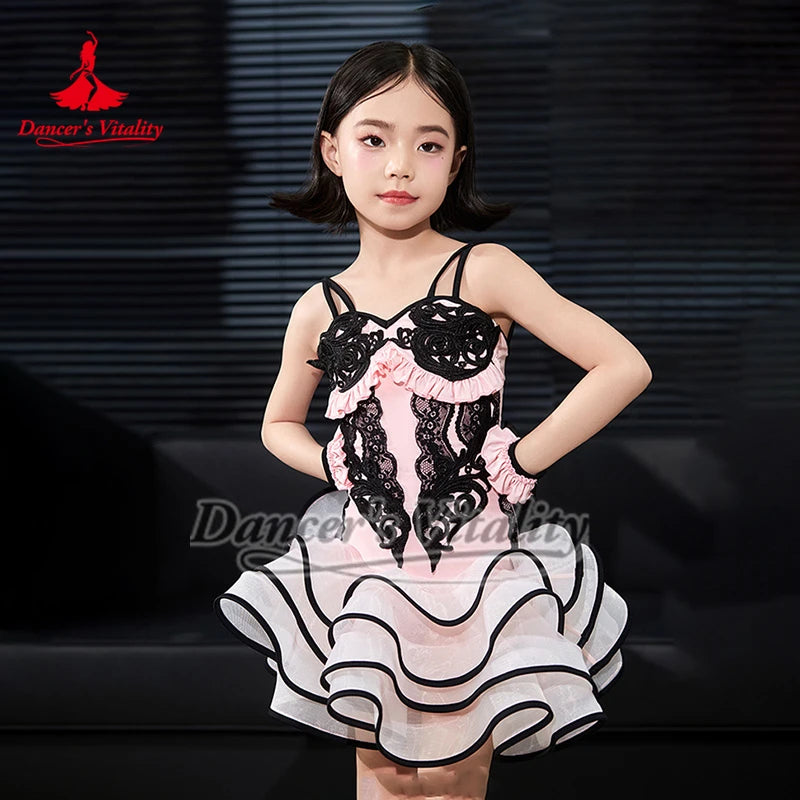 Girls' Pink & Black Lace Ruffle Latin Dance Dress with Gloves
