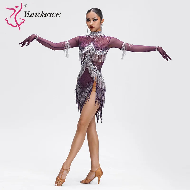Latin Ballroom Dance Dress With Rhinestones And Tassel Fringe Multiple Colors For Adults And Kids Competition
