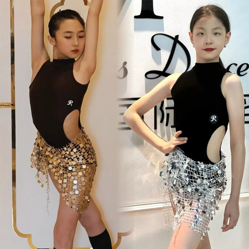 Girls' Black Sleeveless Mock Neck Leotard with Gold Sequin Mesh Skirt Latin Dance Dress