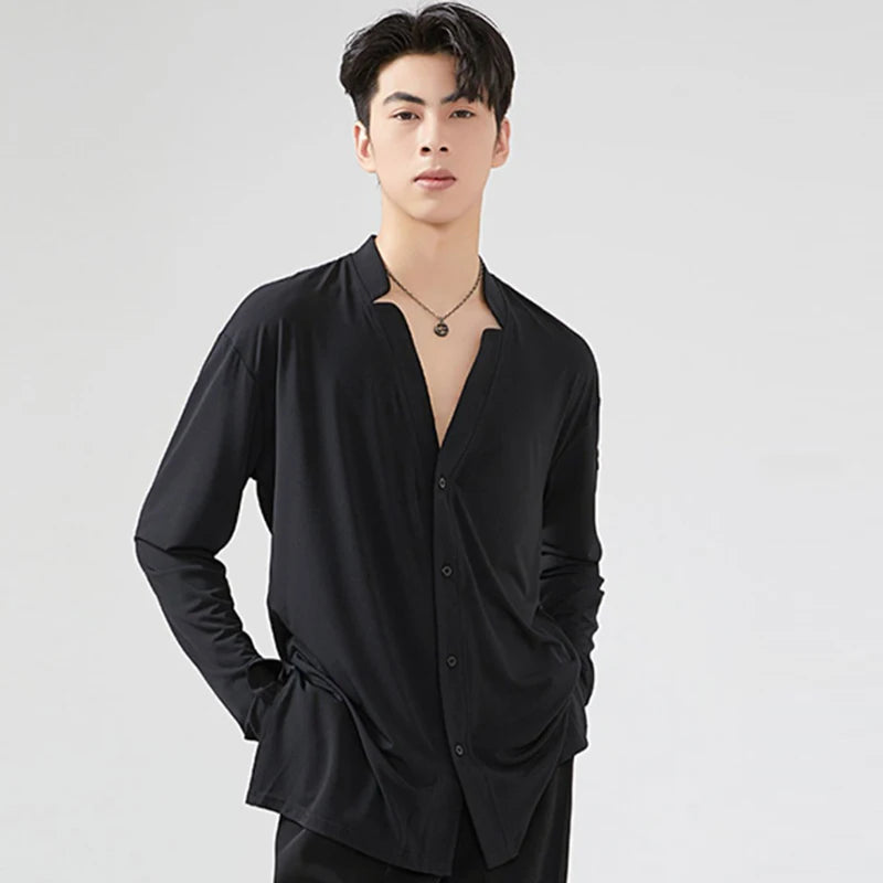 Men's Black Loose Fit V-Neck Long Sleeve Shirt for Ballroom Dance