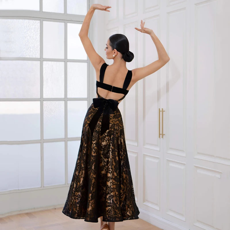 Women's Black Lace Cut-Out Ballroom Dance Dress with Gold Lining