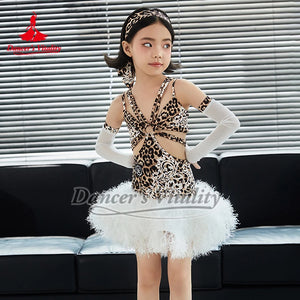 Girls' Leopard Print and White Fluffy Latin Dance Dress with Arm Sleeves