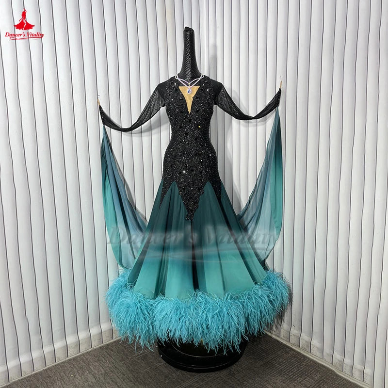Women's Ballroom Dance Dress Ombre Chiffon Ostrich Feathers Swing Skirt Adult Waltz Foxtrot Tango Competition