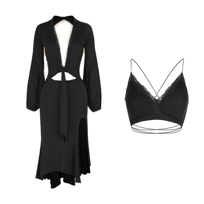 Women's Burgundy & Black Tie-Front Long Sleeve Cutout Latin Dance Dress with Lace Bralette