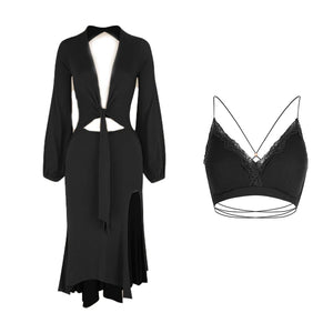 Women's Burgundy & Black Tie-Front Long Sleeve Cutout Latin Dance Dress with Lace Bralette