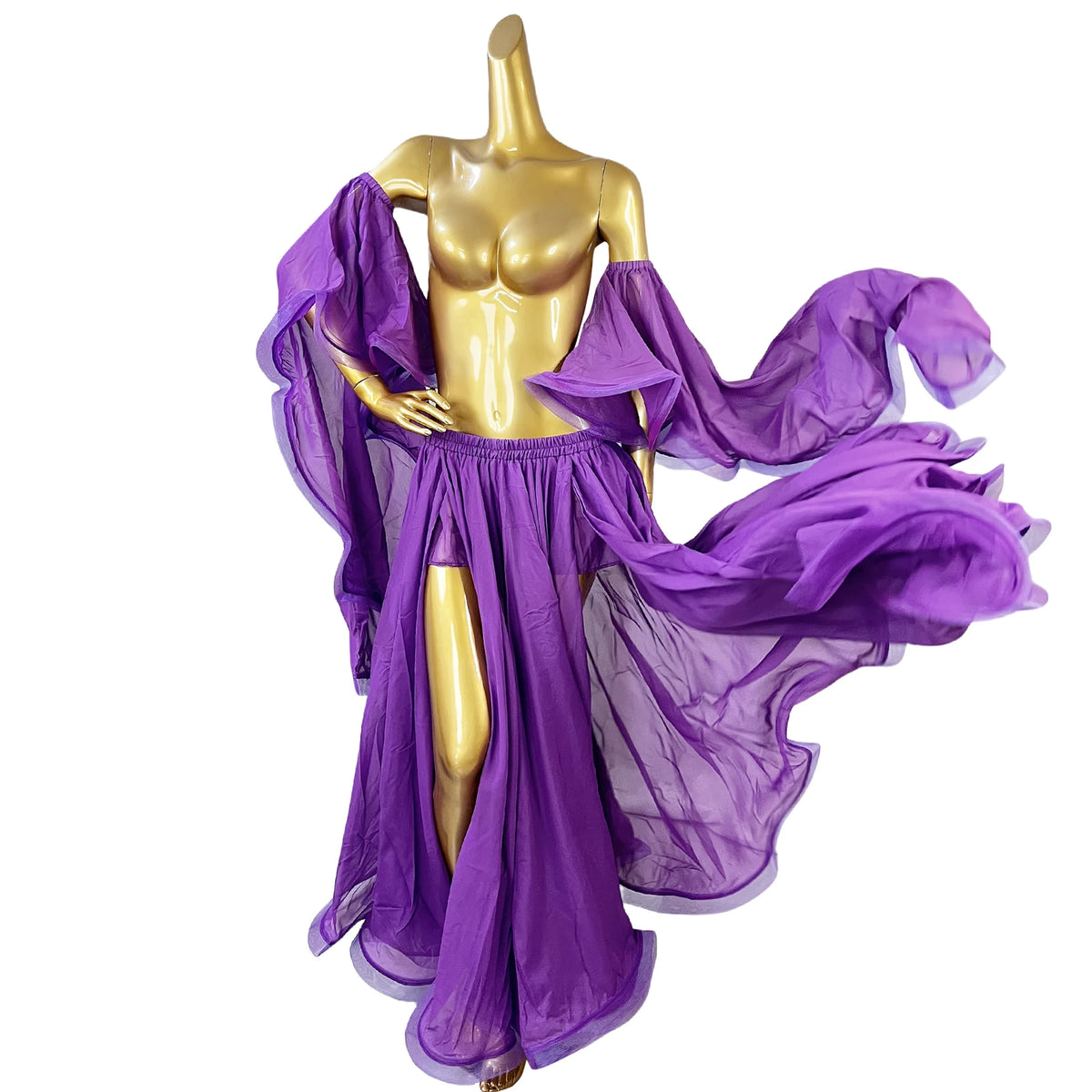 Belly Dance Costume, Women's Red Chiffon Long Sleeve Top and Slit Skirt Set, Performance Wear