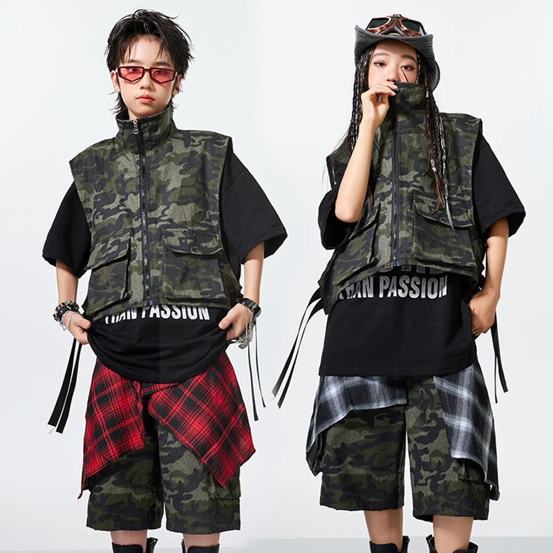 Kids Camouflage Hip Hop Dance Vest & Shorts Set, Black/Green/Red/White Cotton Blend, Street Dance