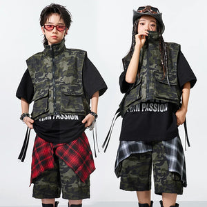 Kids Camouflage Hip Hop Dance Vest & Shorts Set, Black/Green/Red/White Cotton Blend, Street Dance