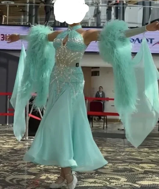 Women's Teal Ballroom Dance Gown with Feather Sleeves, Rhinestone Embellishments, and Halter Neck