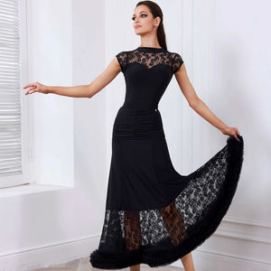 Ballroom Dance Dress Women Black Lace Ruched Long Skirt with Ruffles Latin Rhythm Smooth Standard