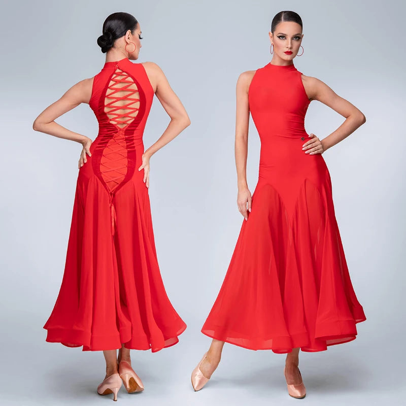 Women's Red High Neck Sleeveless Back Lace-Up Ballroom Dance Dress