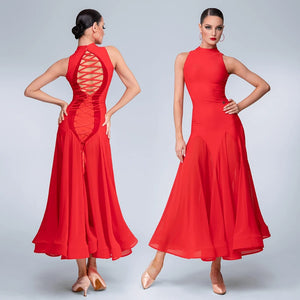 Women's Red High Neck Sleeveless Back Lace-Up Ballroom Dance Dress