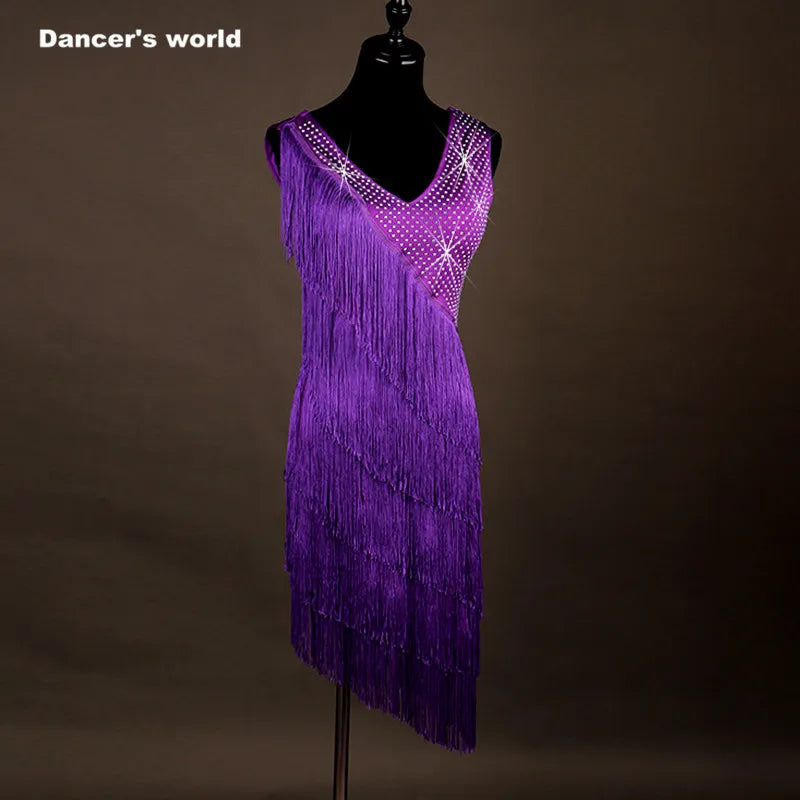 Women's Purple Rhinestone Fringe Latin Dance Dress