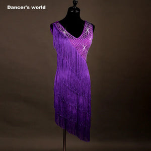 Women's Purple Rhinestone Fringe Latin Dance Dress