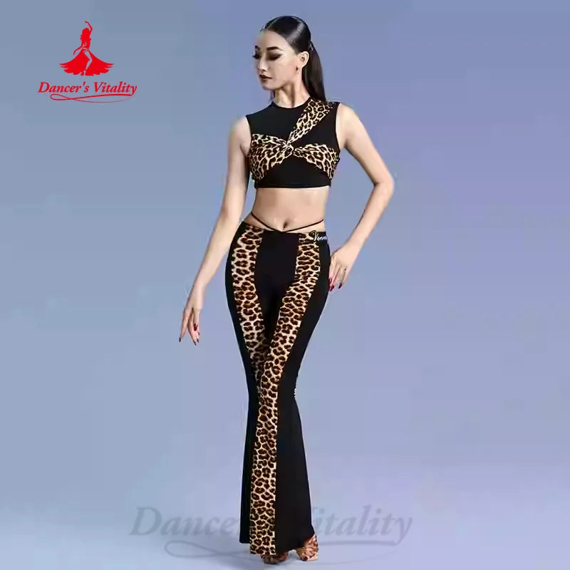 Women's Black Leopard Print Crop Top and Flared Pants Latin Dance Set