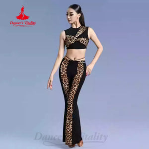 Women's Black Leopard Print Crop Top and Flared Pants Latin Dance Set