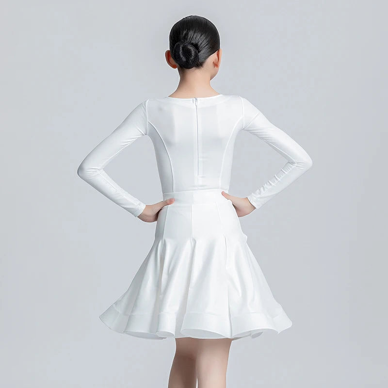 Girls Latin Dance Dress, Brown Red Black White Faux Leather Long Sleeve Skirt