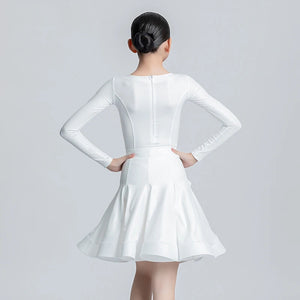 Girls Latin Dance Dress, Brown Red Black White Faux Leather Long Sleeve Skirt