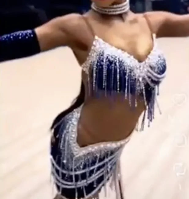 Women's Navy Blue & Silver Sequin Fringe Latin Ballroom Dance Dress with Arm Sleeves