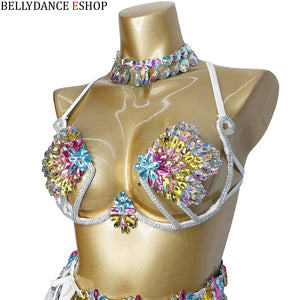 Belly Dance Women's Black and White Sequin Mesh Skirt and Rhinestone Bra Set, Carnival Festival Costume