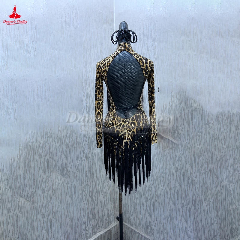 Women's Latin Dance Competition Dress With Tassel, Long Sleeves, Leopard Print