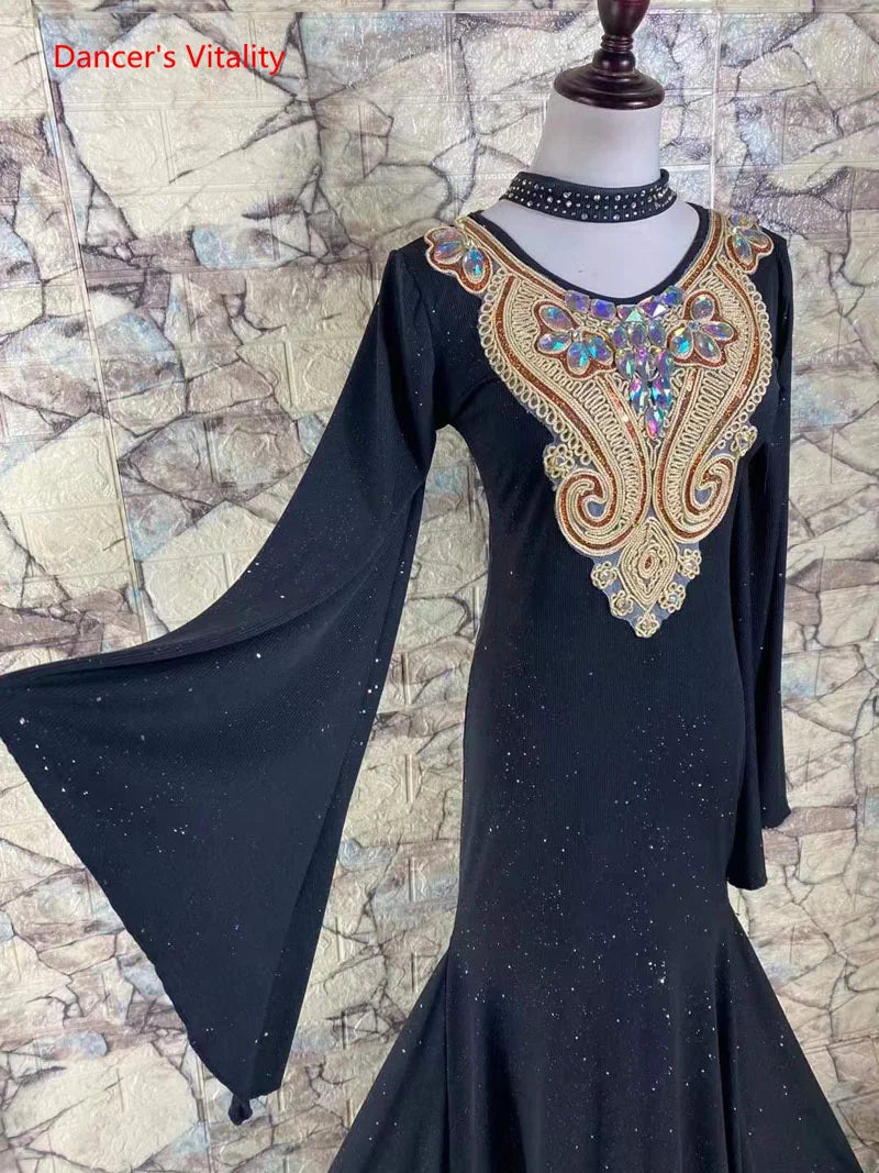 Women's Black Embellished Long Sleeve Glitter Mermaid Ballroom Dance Dress