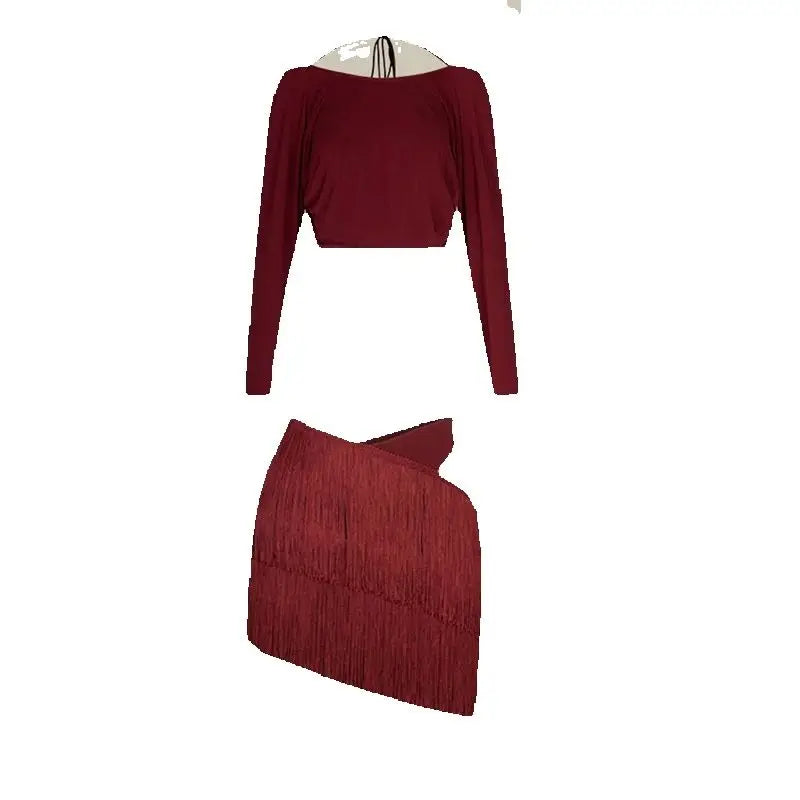 Women's Burgundy & Black Fringe Latin Dance Skirt Set with Long Sleeve Crop Top