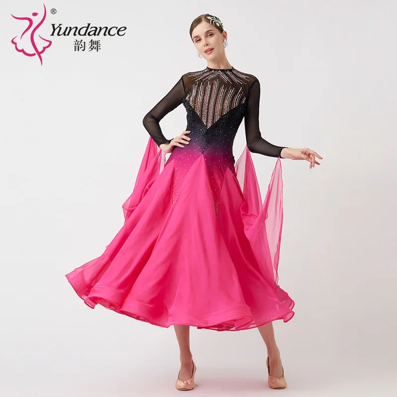 Women's International Standard Ballroom Dance Dress Long Peach Chiffon For Competition
