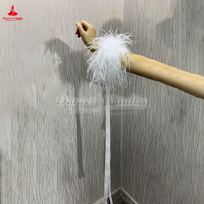 Pair Of Wrist Streamers With Ostrich Feathers For Ballroom Waltz, Foxtrot, Tango Performance