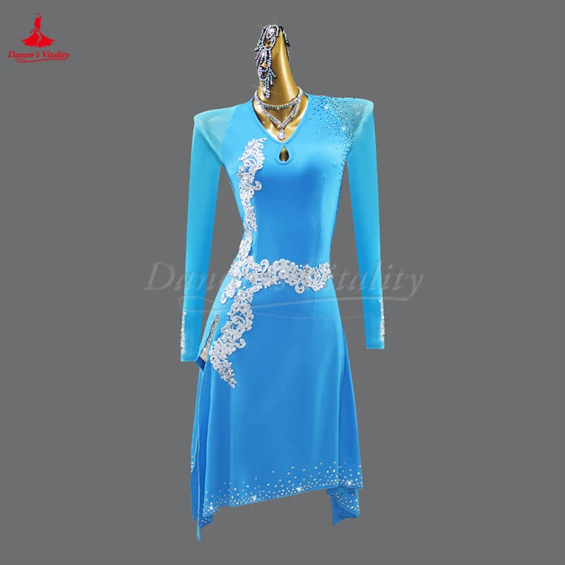 Latin Ballroom Dance Dress With Long Sleeves For Adults And Kids Competition And Graded Exam