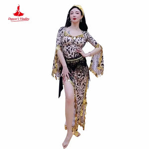 Belly Dance Costume Women's Leopard Print Gold Coin Long Dress with Bell Sleeves and Hip Scarf