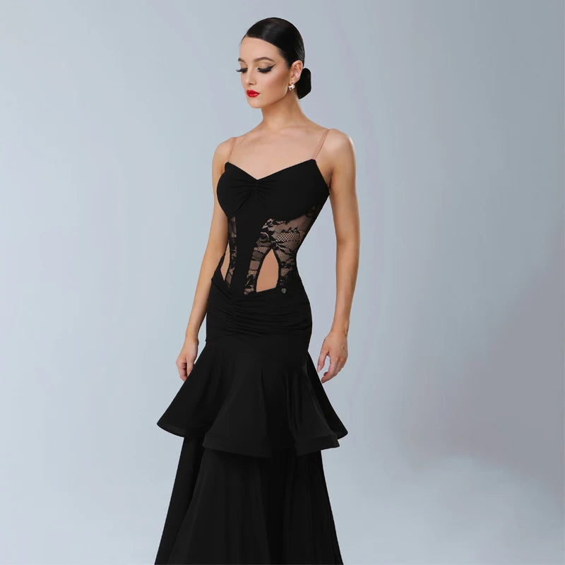 Women's Black Lace & Ruffled Latin Dance Dress with Open Back