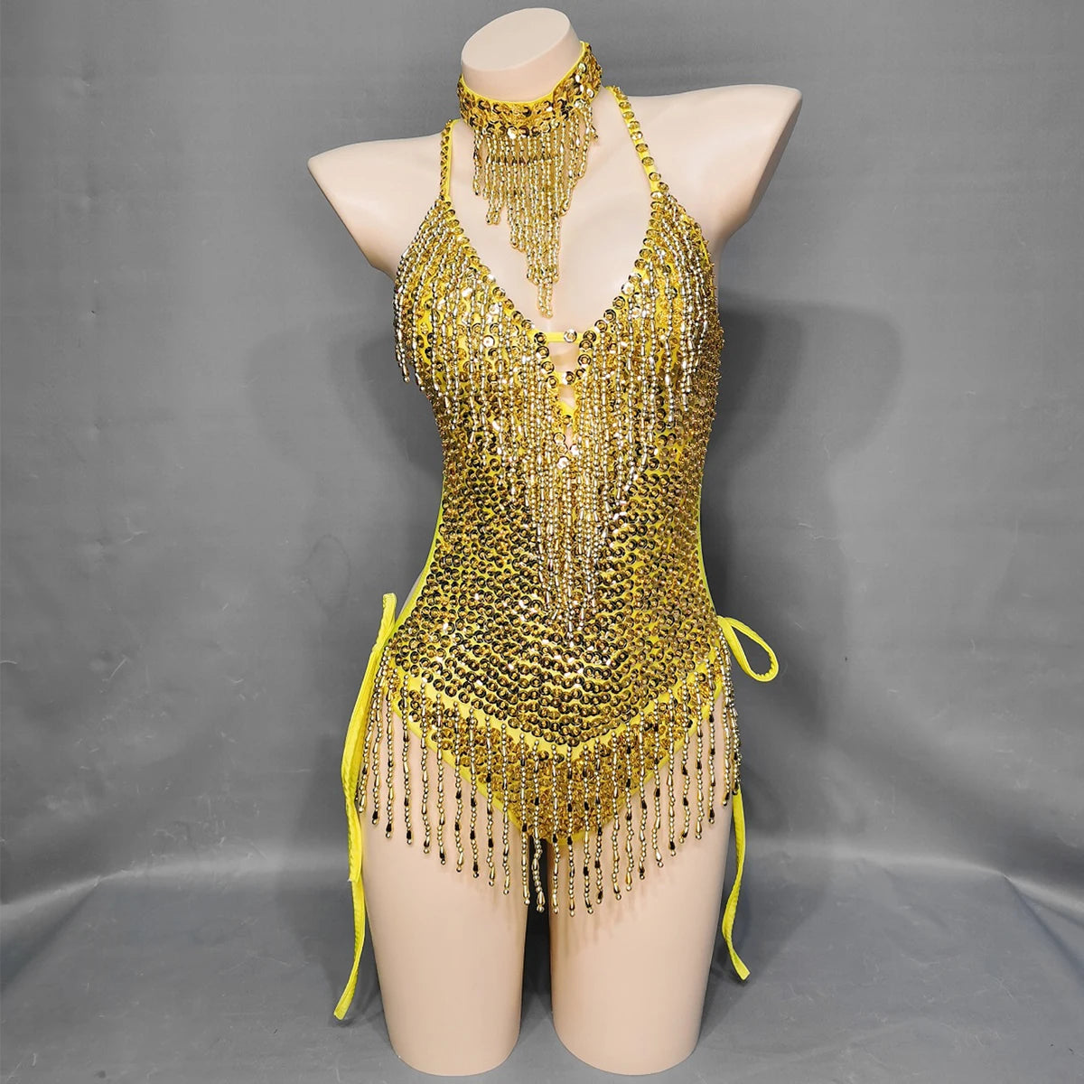 Women's Gold Sequin Fringe Halter Bodysuit with Choker, Latin Dance Costume