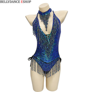 Belly Dance Leotard, Women's, Blue Sequin & Beaded Fringe Halter Neck, Belly Dance