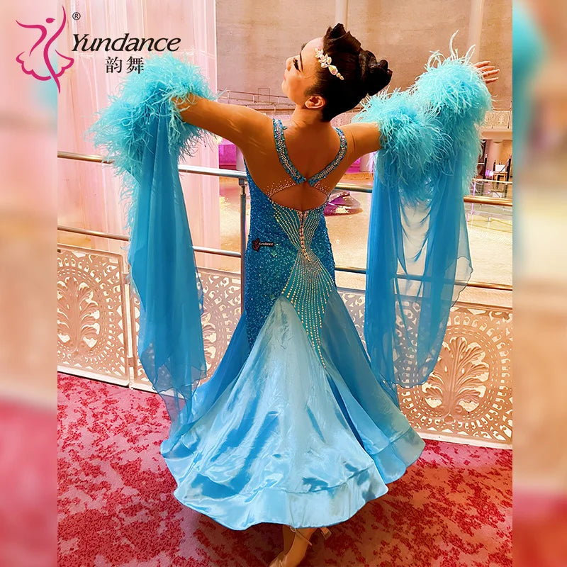 Women's Custom Ballroom Dance Competition Dress With Feather Trim In Stretch Fabric