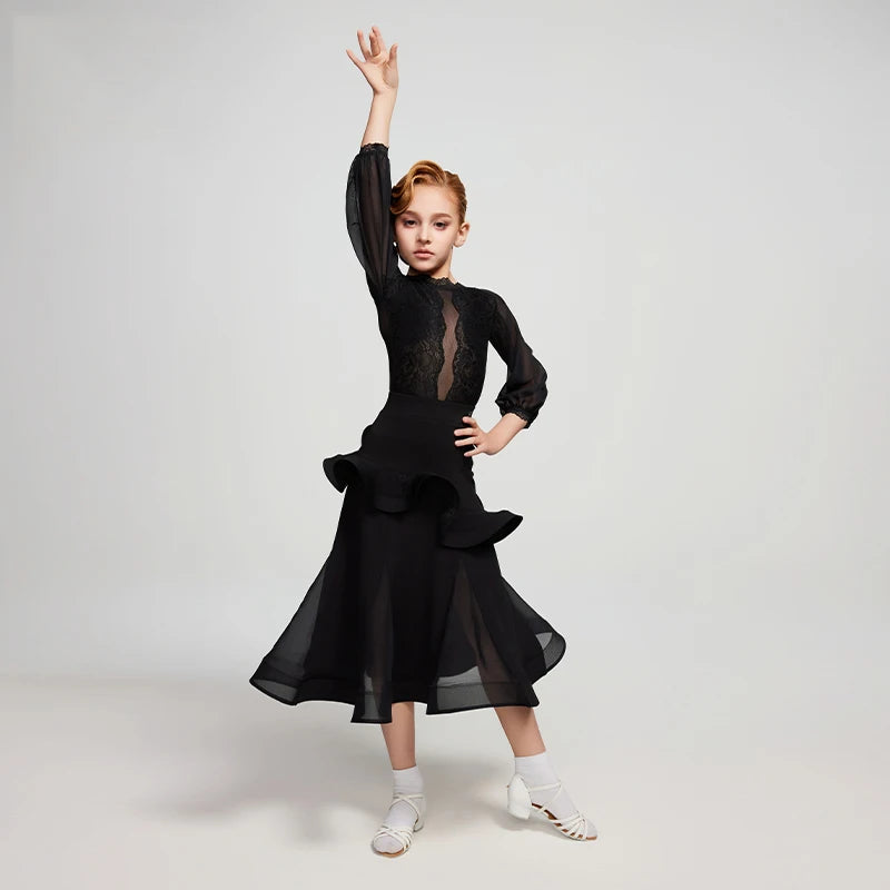 Kids Girls Black Sheer Lace Long Sleeve Ballroom Latin Dance Dress with Ruffled Skirt