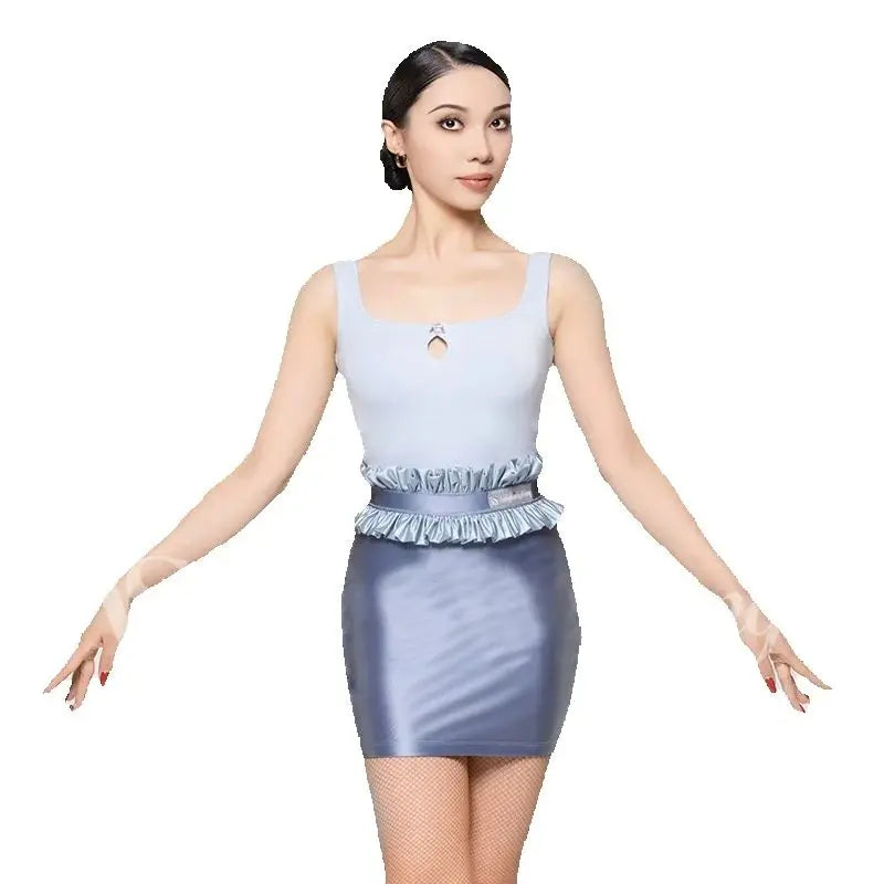 Women's Light Blue & Slate Blue Ruffled Peplum Tank Top & Mini Skirt Set, Mesh Tights, Ballroom Dancewear