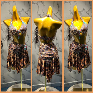 Women's Brown Leopard Print Sequin & Bead Halter Top Latin Dance Dress with Asymmetrical Skirt