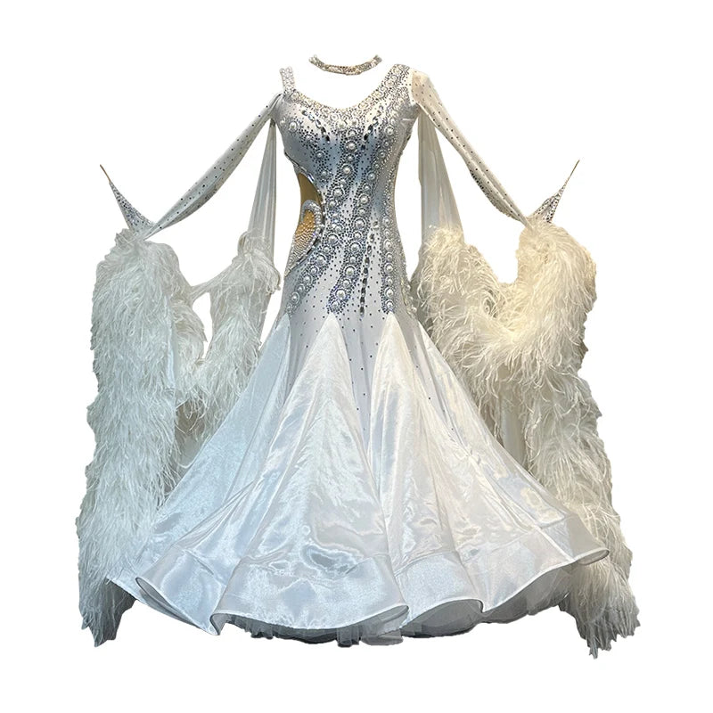 Women's Standard Ballroom Dance Dress In Chiffon With Ostrich Feathers For Competition