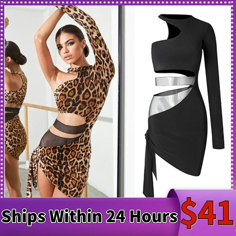Women's Black & Leopard Print One-Shoulder Cut-Out Bodycon Latin Dance Dress