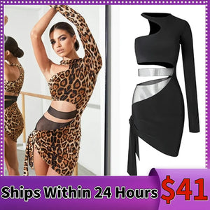 Women's Black & Leopard Print One-Shoulder Cut-Out Bodycon Latin Dance Dress