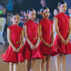 Girls Aqua Blue Ruffled Latin Dance Dress with Mock Neck, Short Sleeves, and Gold Buckle Detail, Ballroom Dancewear