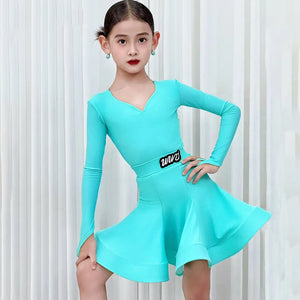 Girls' Pink Long Sleeve V-Neck Ruffled Skirt Latin Dance Dress